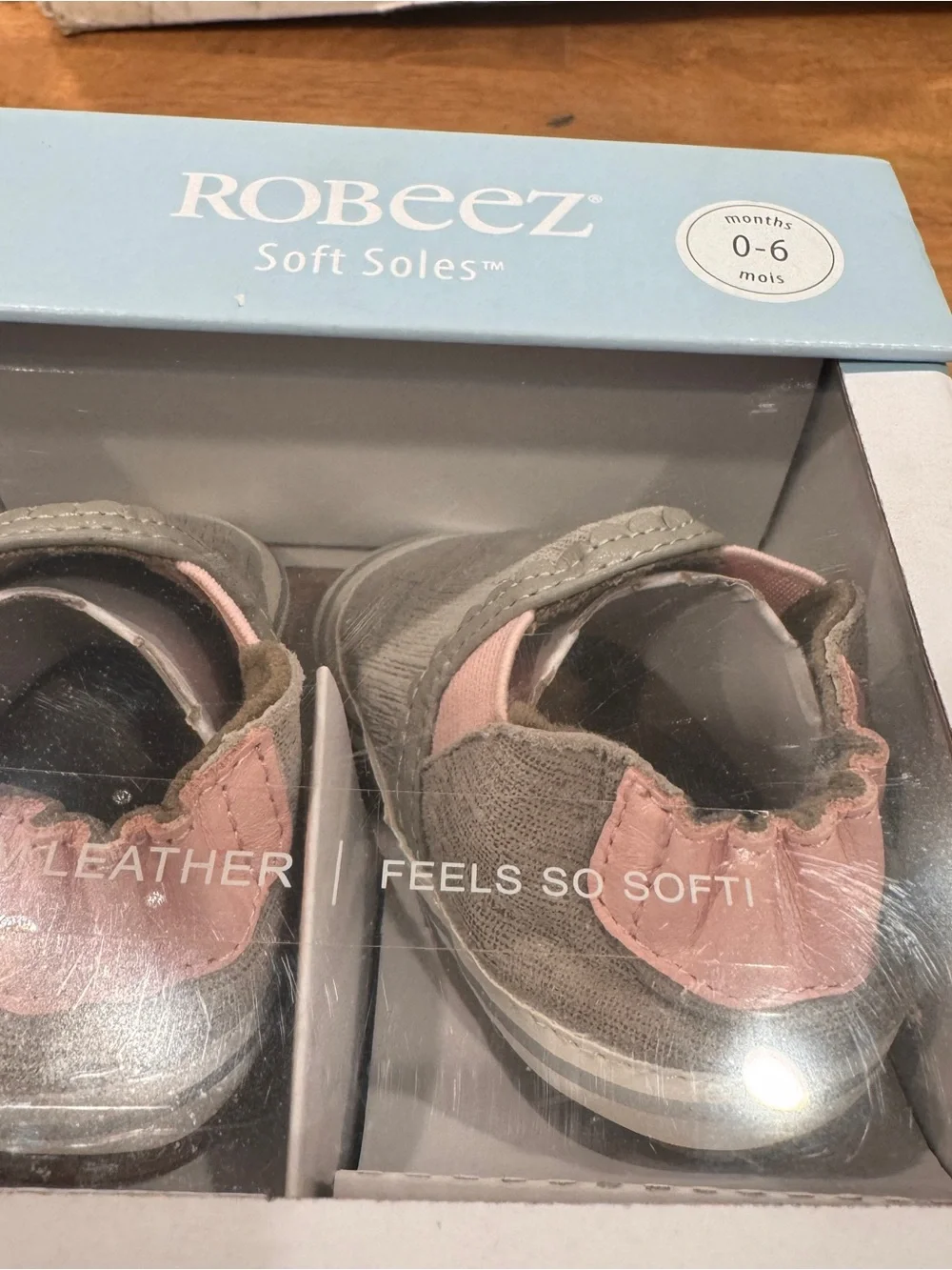 New Robeez Grey Pink Liam Soft Sole Baby Shoes 0-6 Months Leather Crib